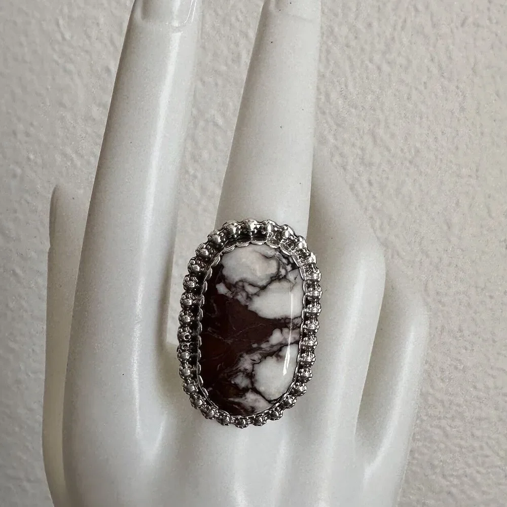 VTG Navajo James Shay Ring Wild Horse Stone Size 8.5 Sterling Silver Floral 9.9g